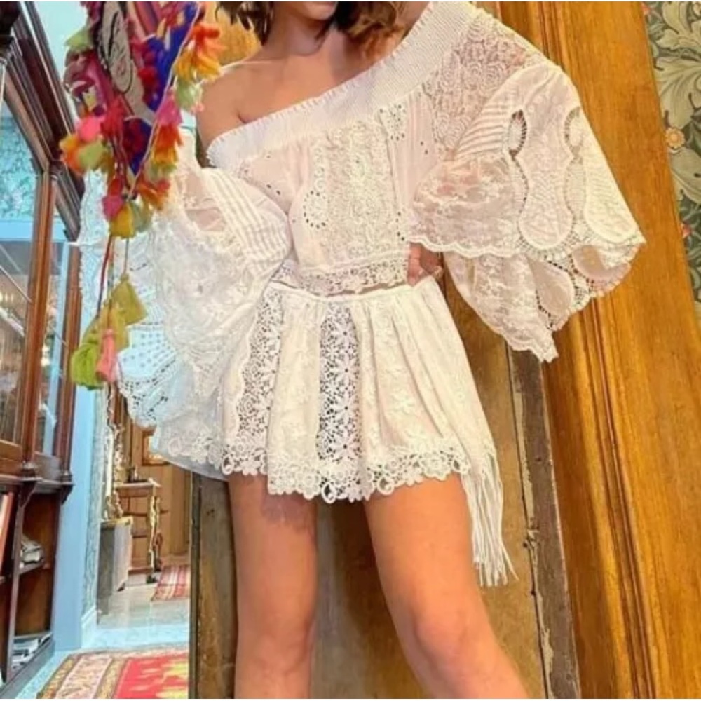 ANTICA SARTORIA WHITE DRESS TUNIC FRINGE Wide Shoulder Size UT (one Size) NEW